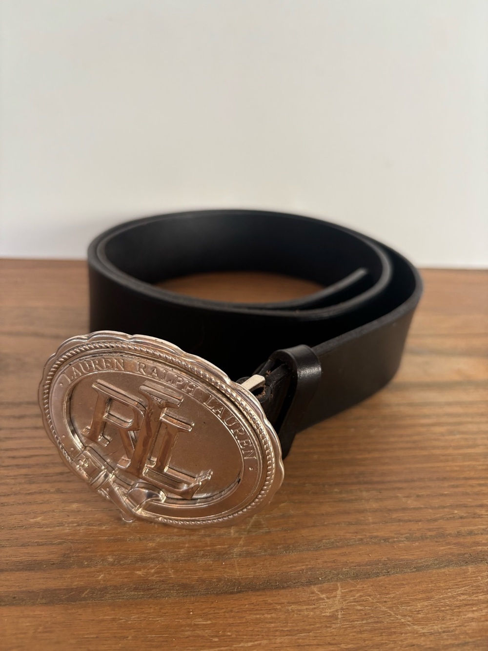 Lauren Ralph Lauren Black Leather Equestrian Trophy Belt Silver XL Oval Logo Vtg